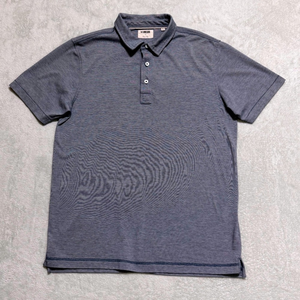 Linksoul Polo Mens Medium Blue Striped Golf Shirt Short Sleeve Cotton Luxury